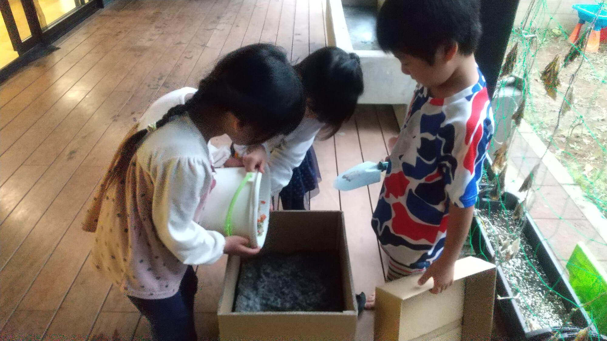 コンポストに給食の残りを入れる子どもたち