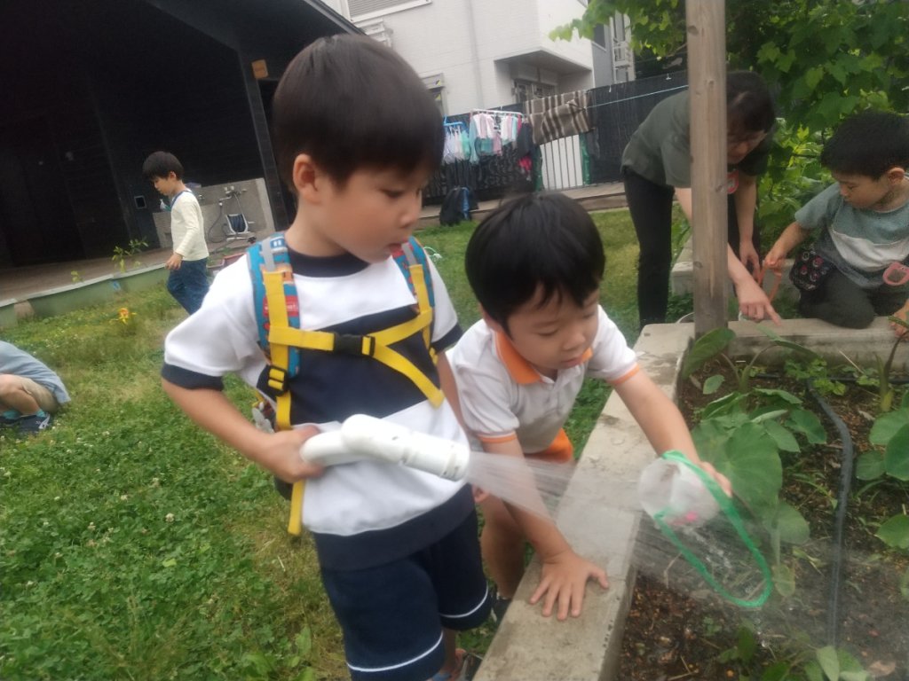 水やりする子どもたち