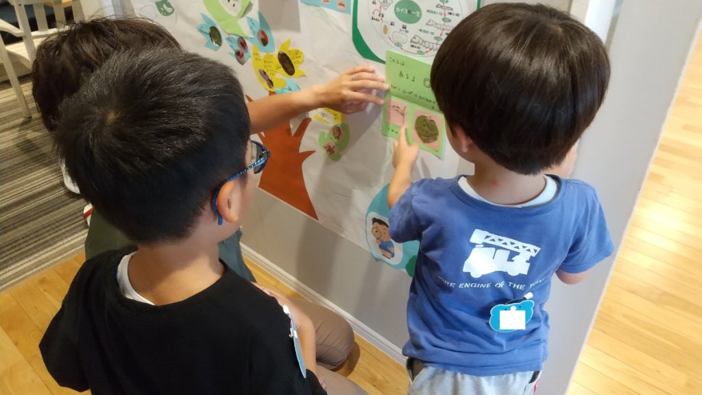 掲示物を確認する子どもたち