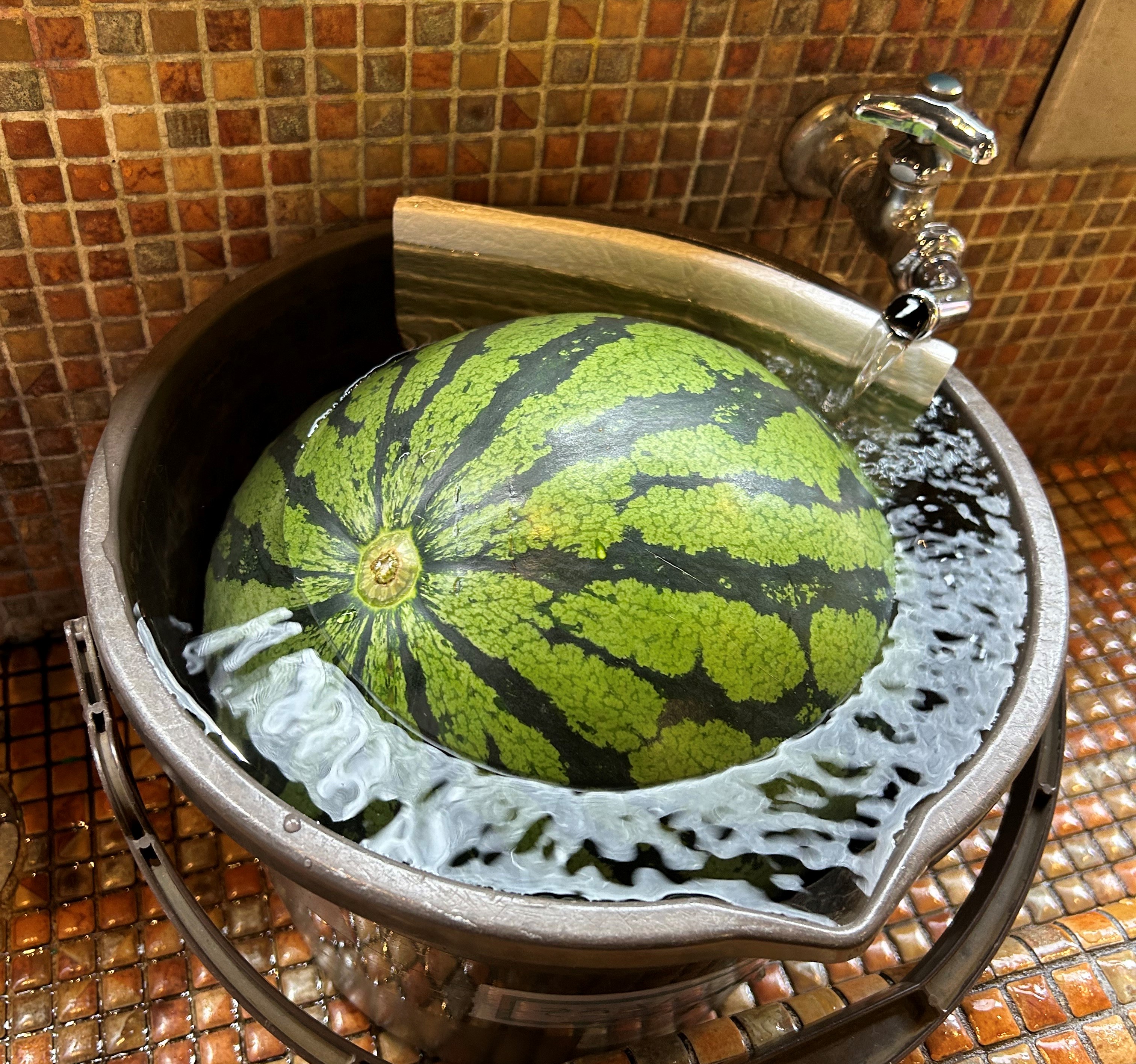 大きすぎて冷蔵庫に入らず水道で冷やしました