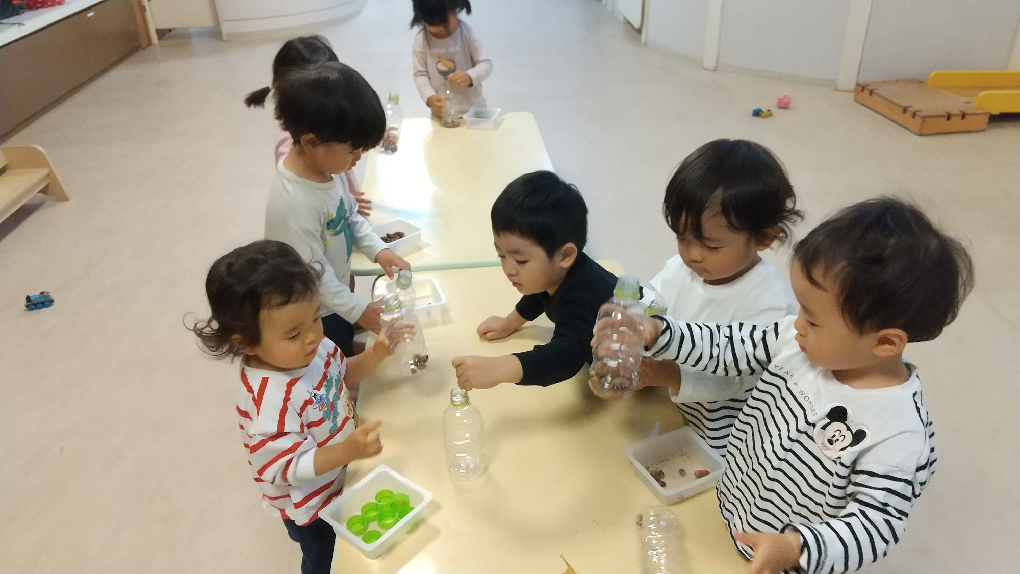 ペットボトルにドングリを入れる様子
