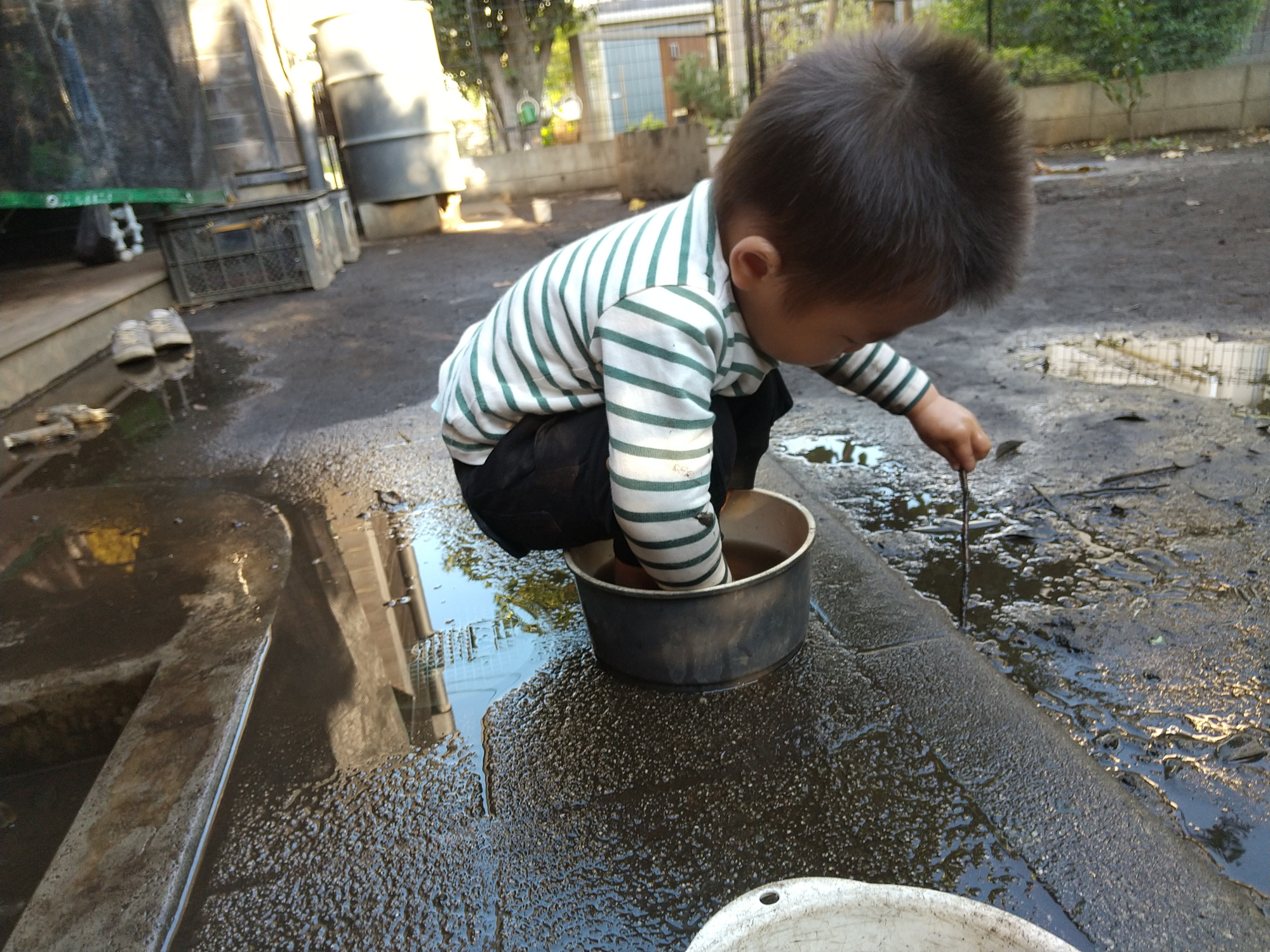 水たまりで遊ぶ子ども