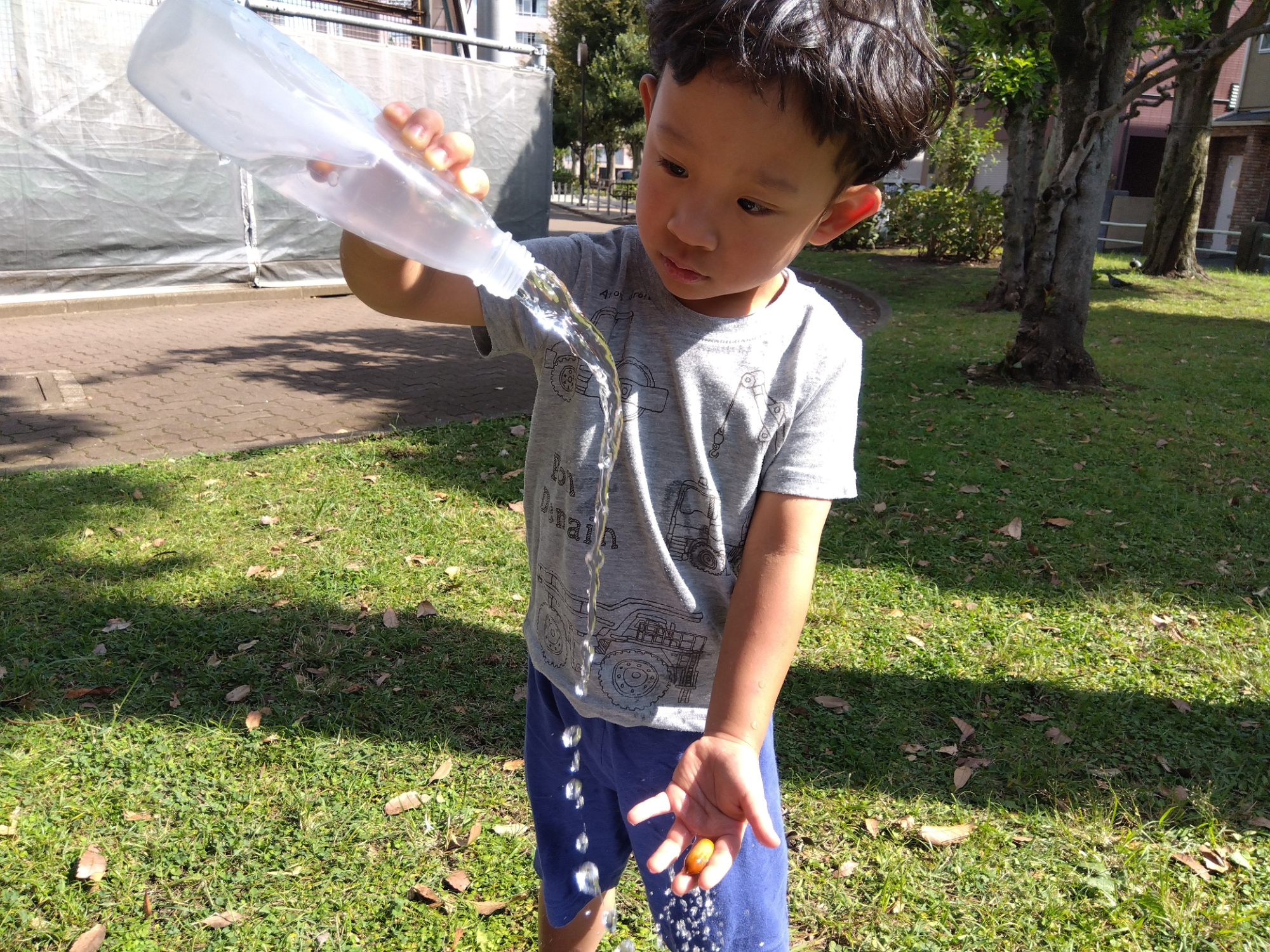 水が流れる様子を観察する子ども