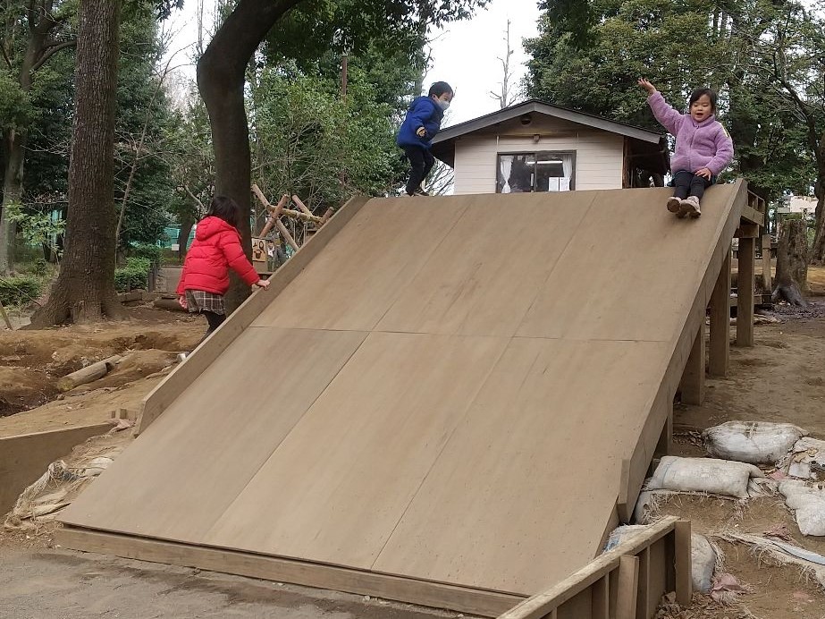 プレーパークのすべり台で遊ぶ子どもたち
