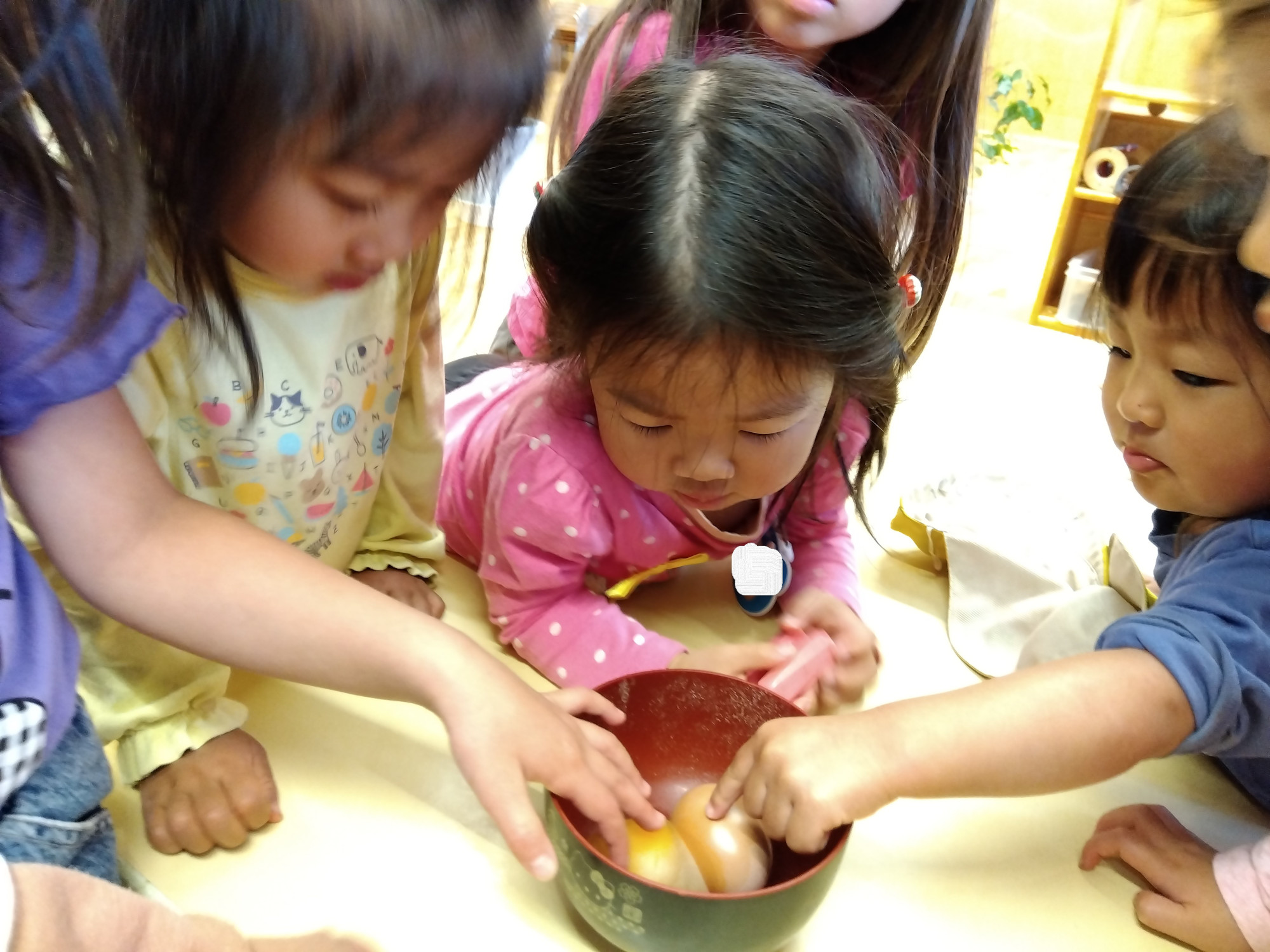 卵を眺める子どもたちの様子