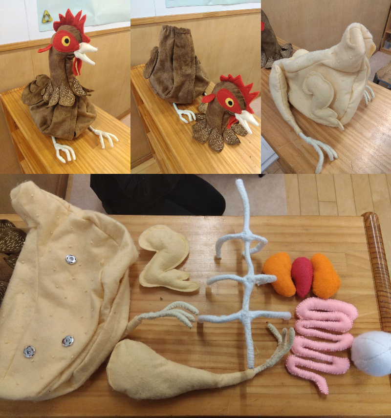 調理スタッフの手作りの鶏の人形