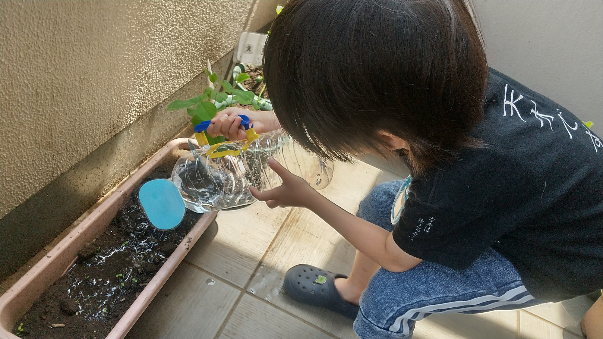 プランターに水やりをする子ども