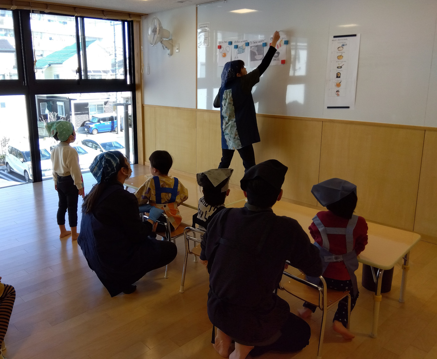 ホットケーキを作る手順を確認する子どもたち