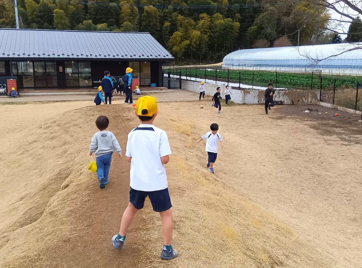 園庭の築山に登って遊ぶ子どもたち