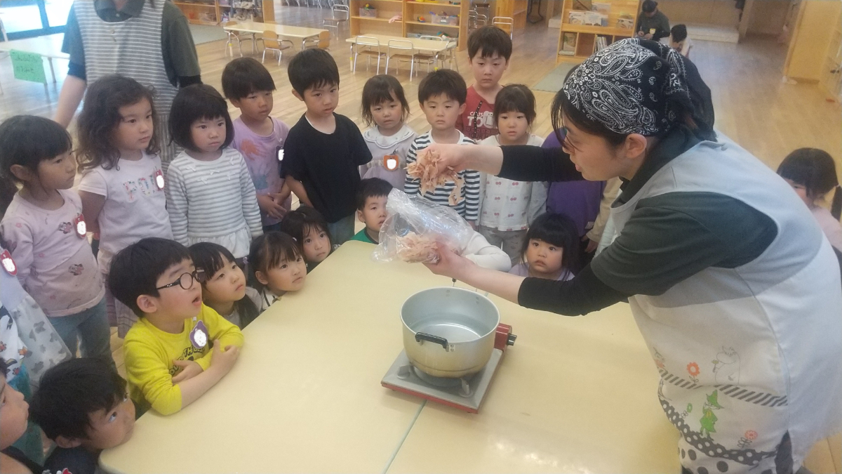 だし汁を作るところを真剣に見る子どもたち
