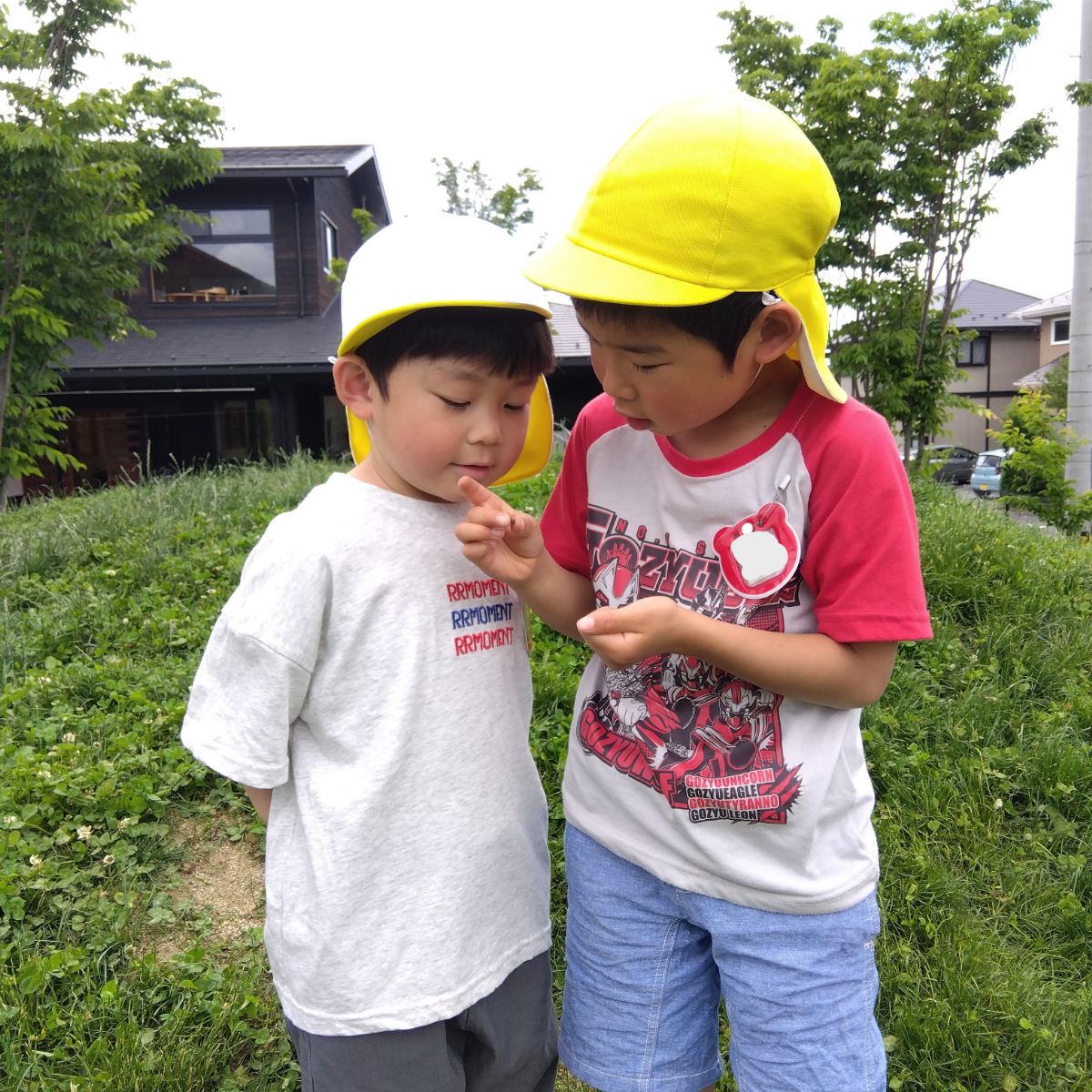 虫を見つけて一緒に見る様子