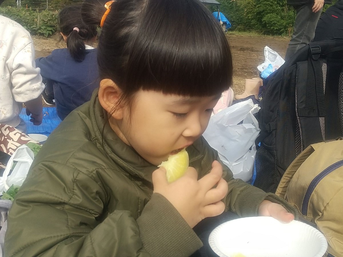 畑でサツマイモを食べる子ども