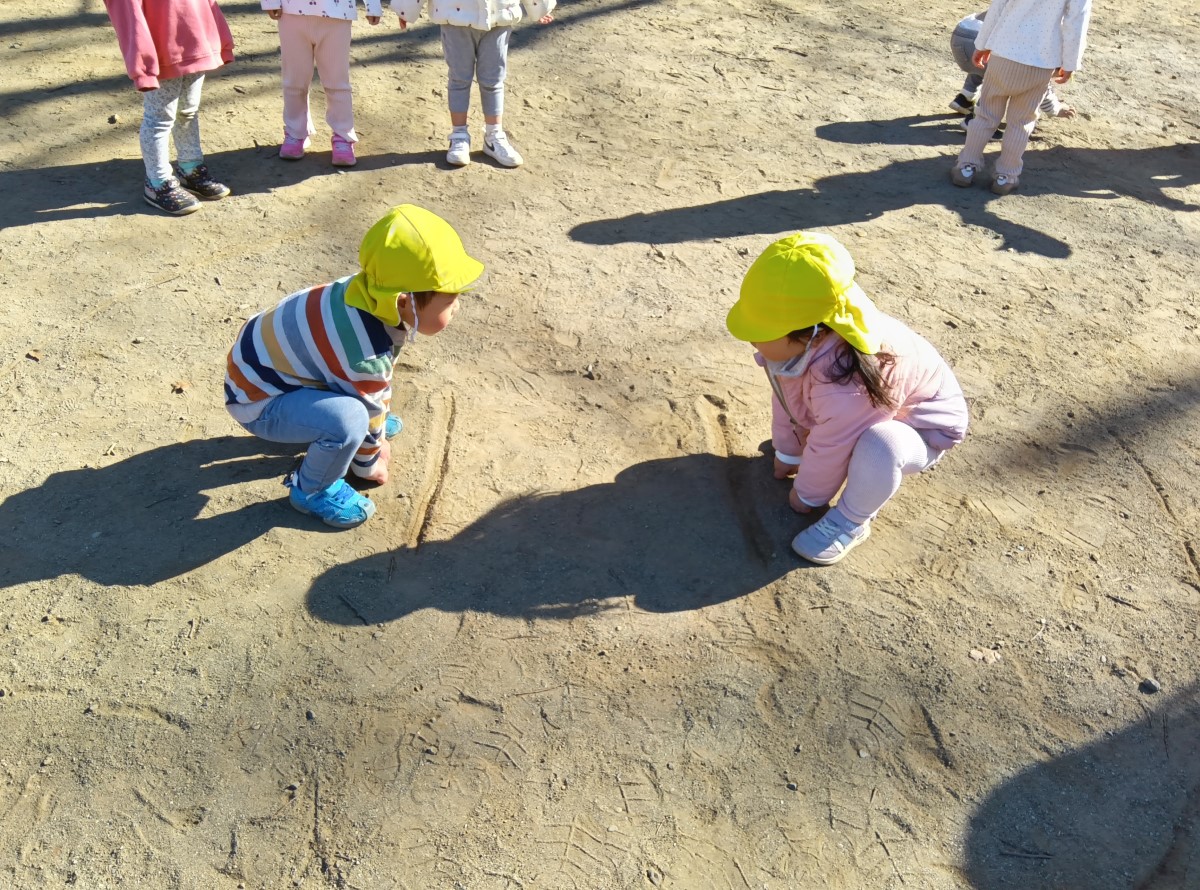 地面に線を引いて相撲をする子どもたち