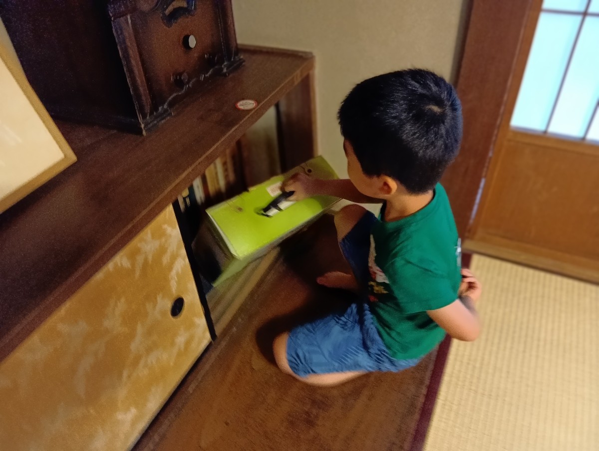 一人の子どもが棚から玩具を取り出そうとしている