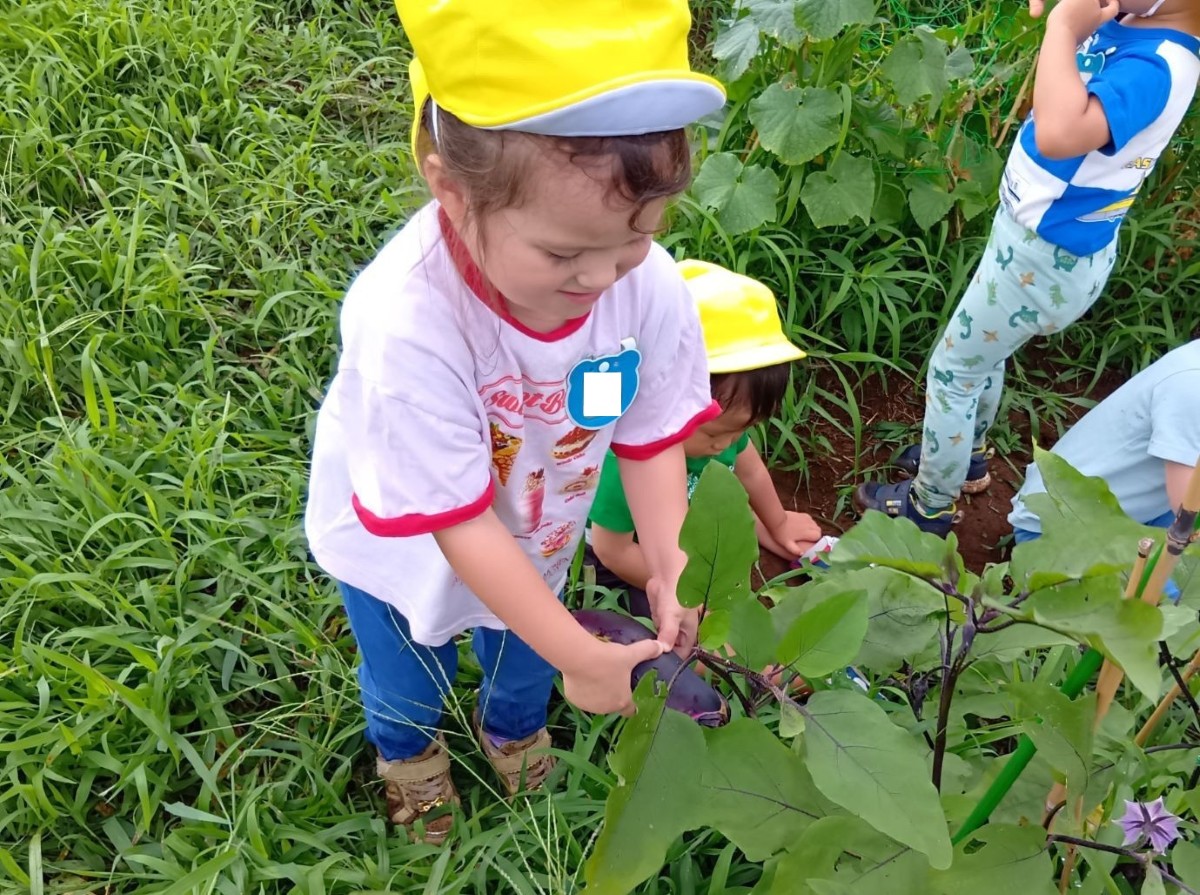 畑では、子どもが実ったナスを両手に持ち笑顔を見せている