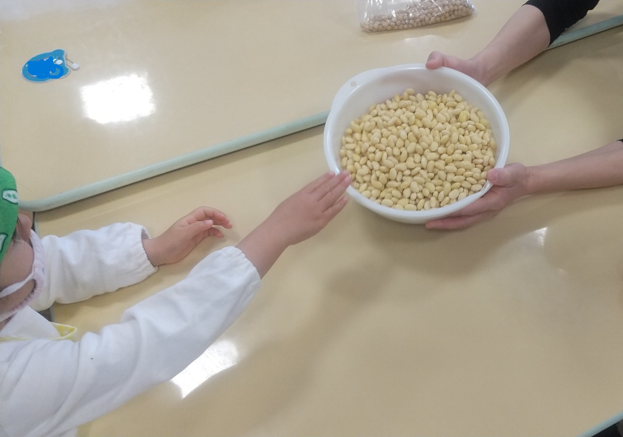 大豆に触れてみる子ども
