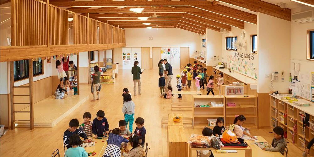 Children in a wooden nursery classroom