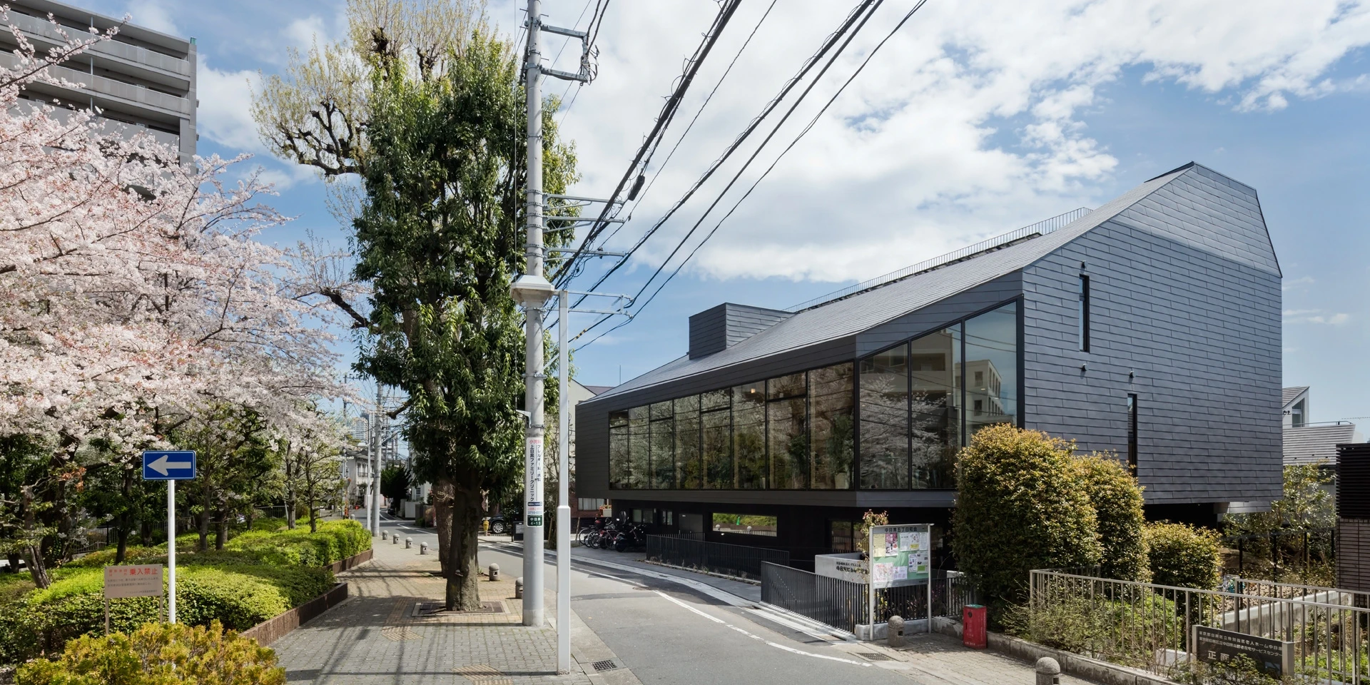 桜並木に面した園の外観