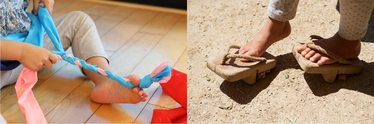 Children making and wearing zori sandals