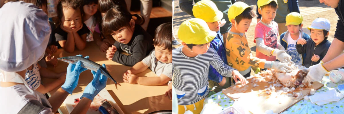 Children watching staff prepare fish and chicken