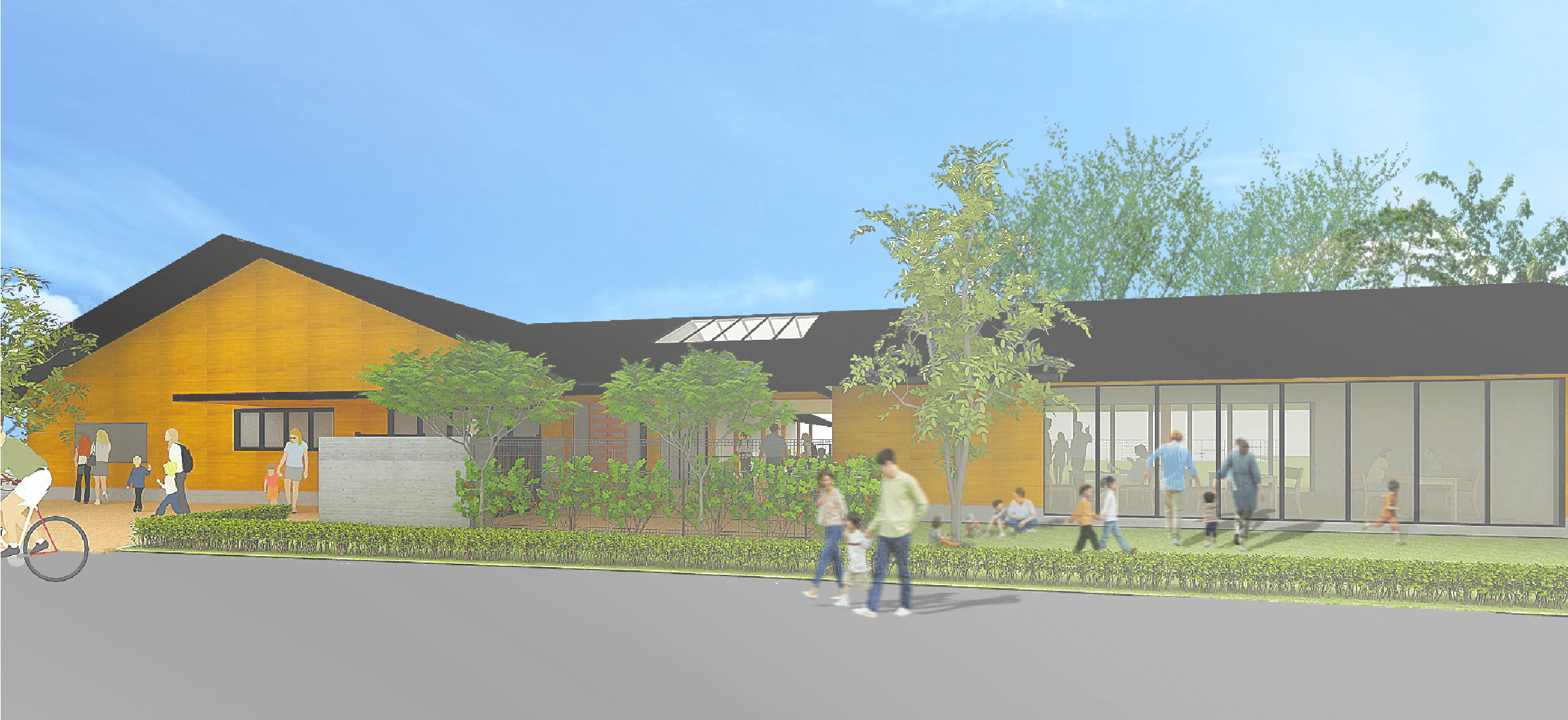 北側道路側から見た(仮称)守谷どろんこ保育園。右のガラス張りの部屋が「ちきんえっぐ」(イメージ)