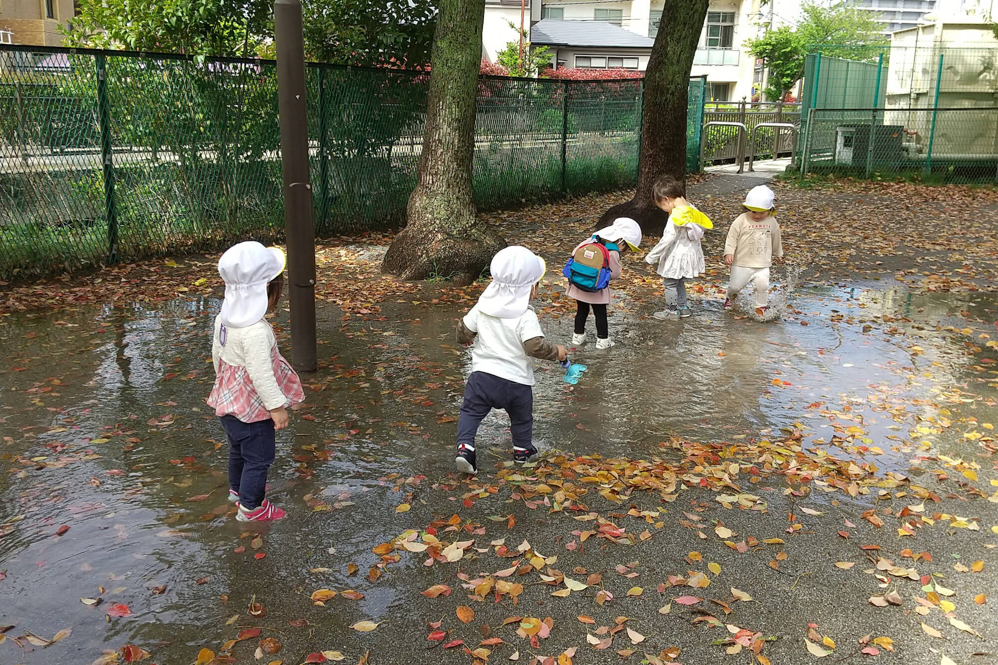 雨上がりの公園で遊ぶ子どもたち