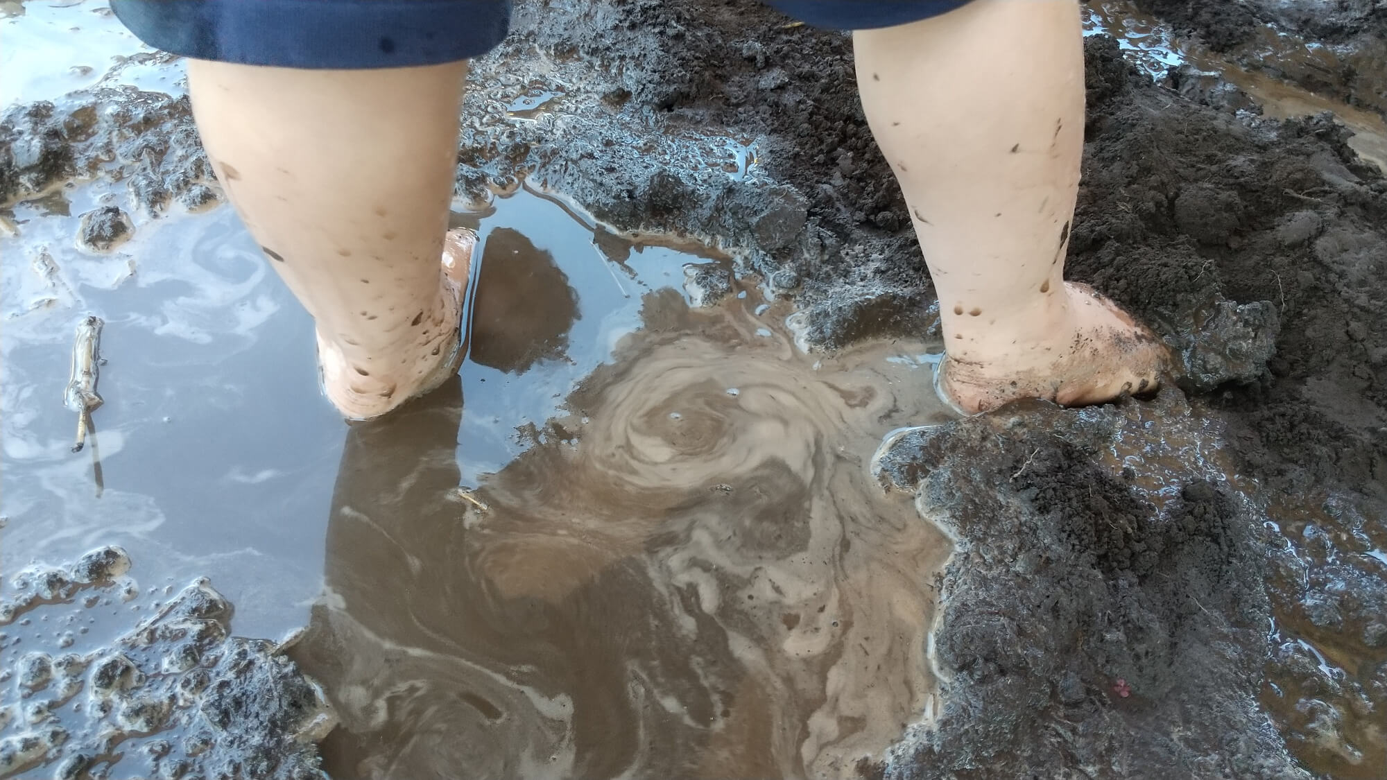 裸足で泥水に入る子ども