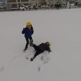 雪にダイブする子どもたち