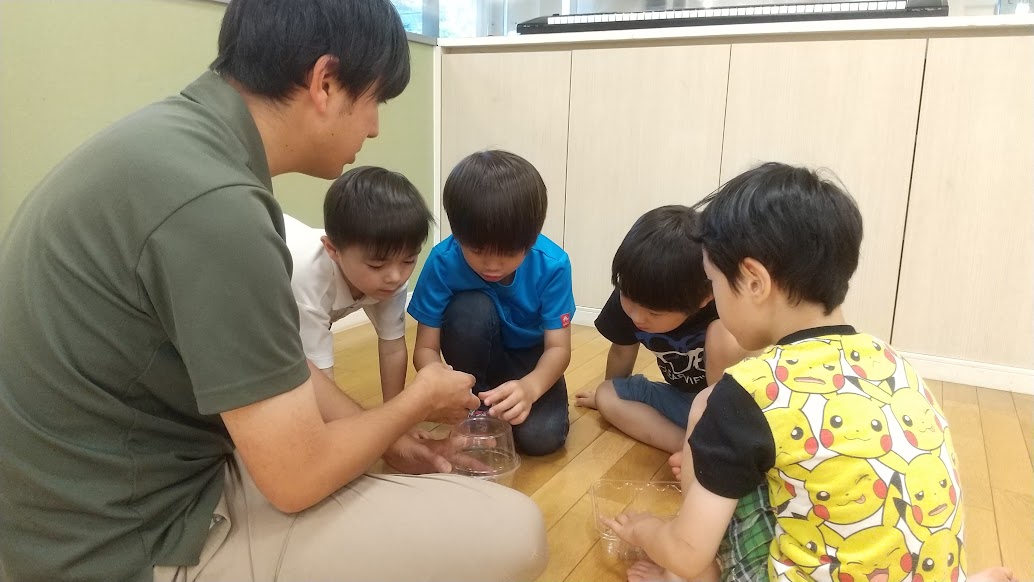 捕まえたヤモリを観察する子どもたち