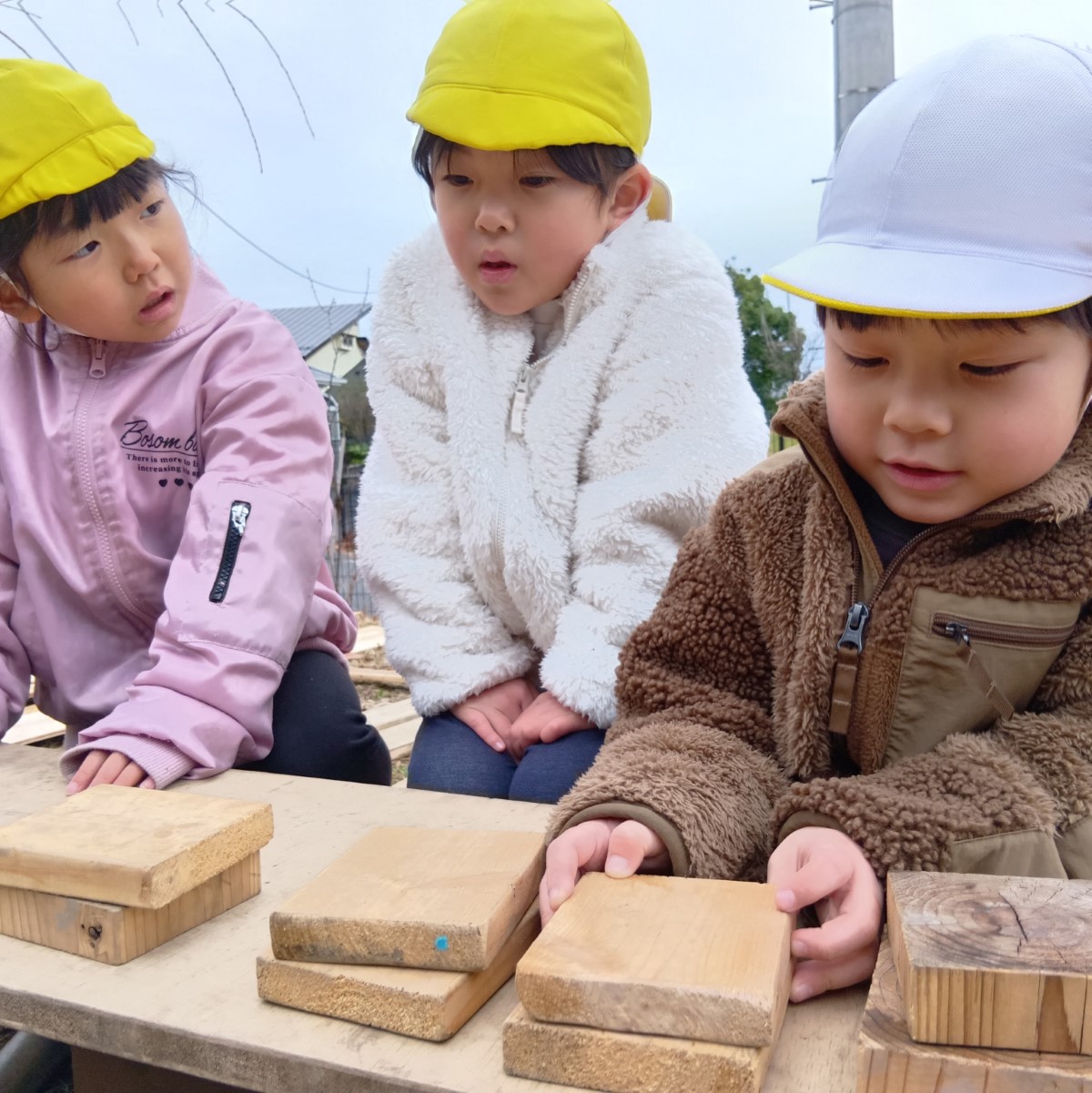 木材を並べる子どもたち