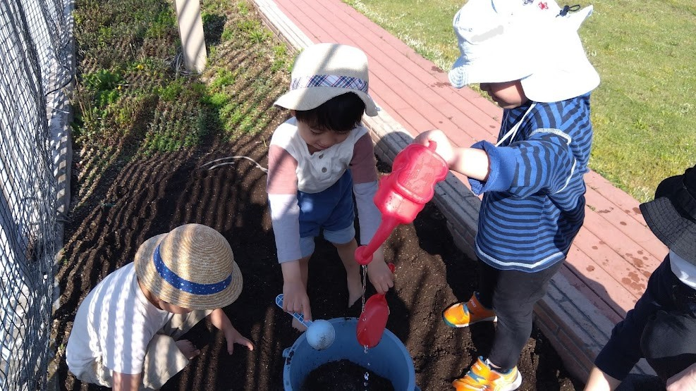 野菜に水をあげる子どもたち