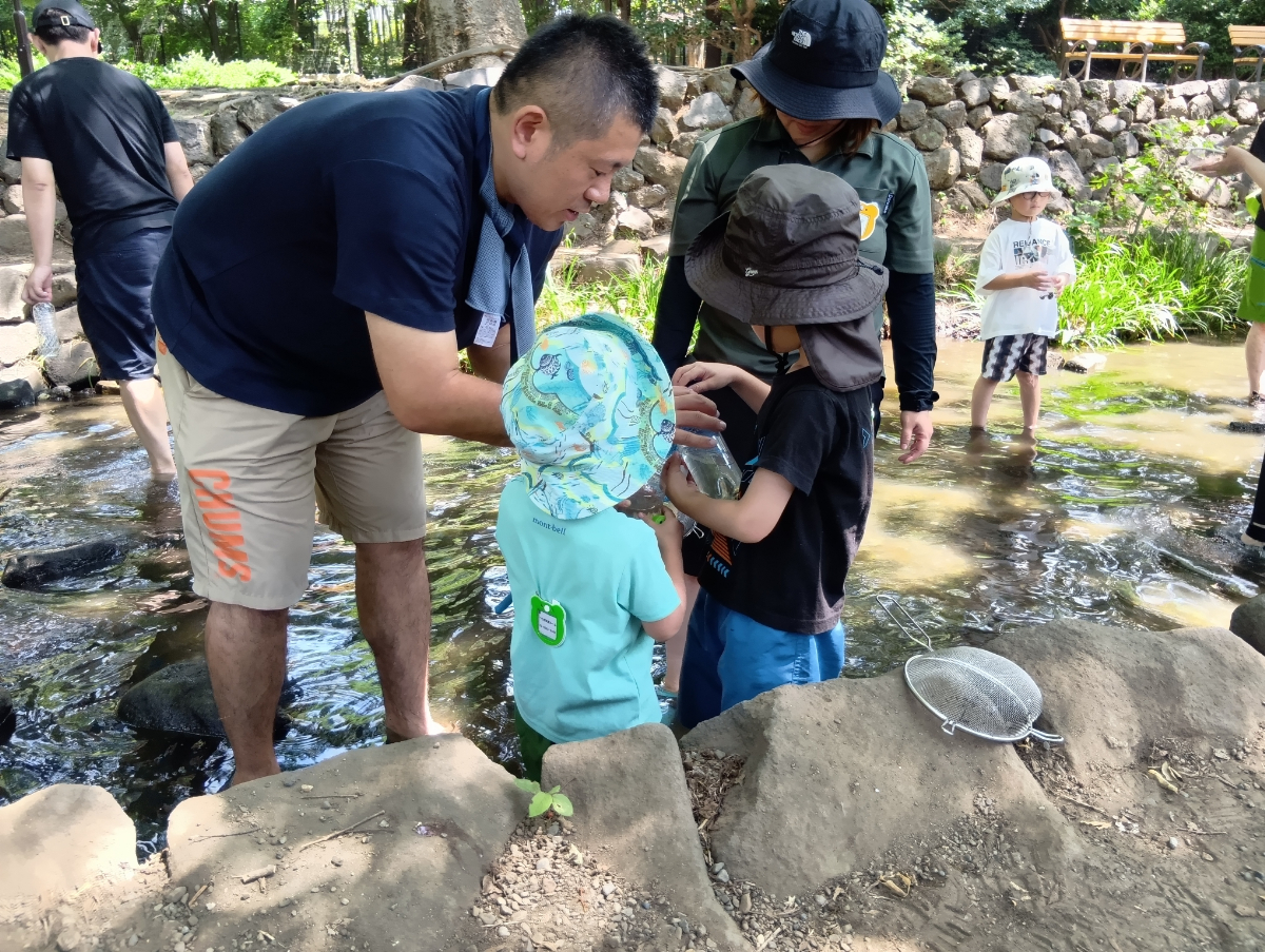 小川に入る子どもたちとスタッフ