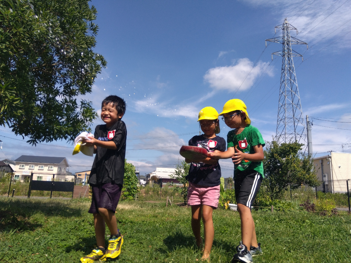 園庭で水遊びをする子どもたち