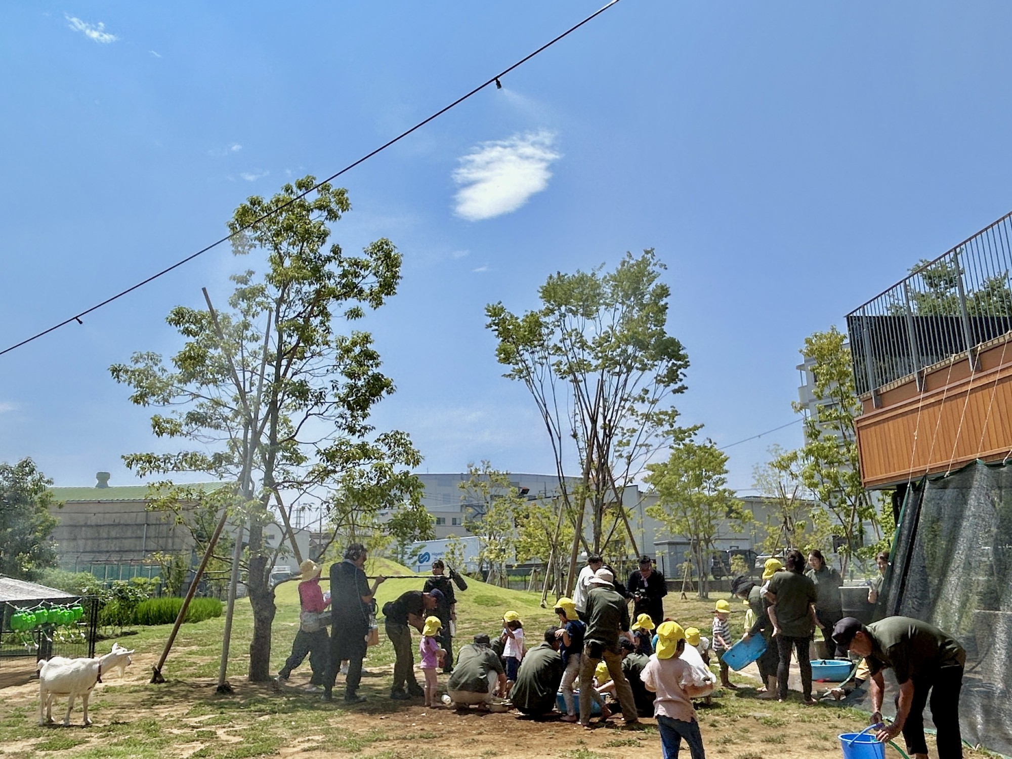 園庭でお兄さん・お姉さんとどろんこ遊びを楽しむ子どもたち