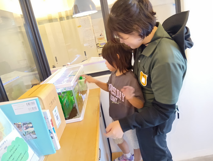 スタッフと一緒に水槽を観察する子ども