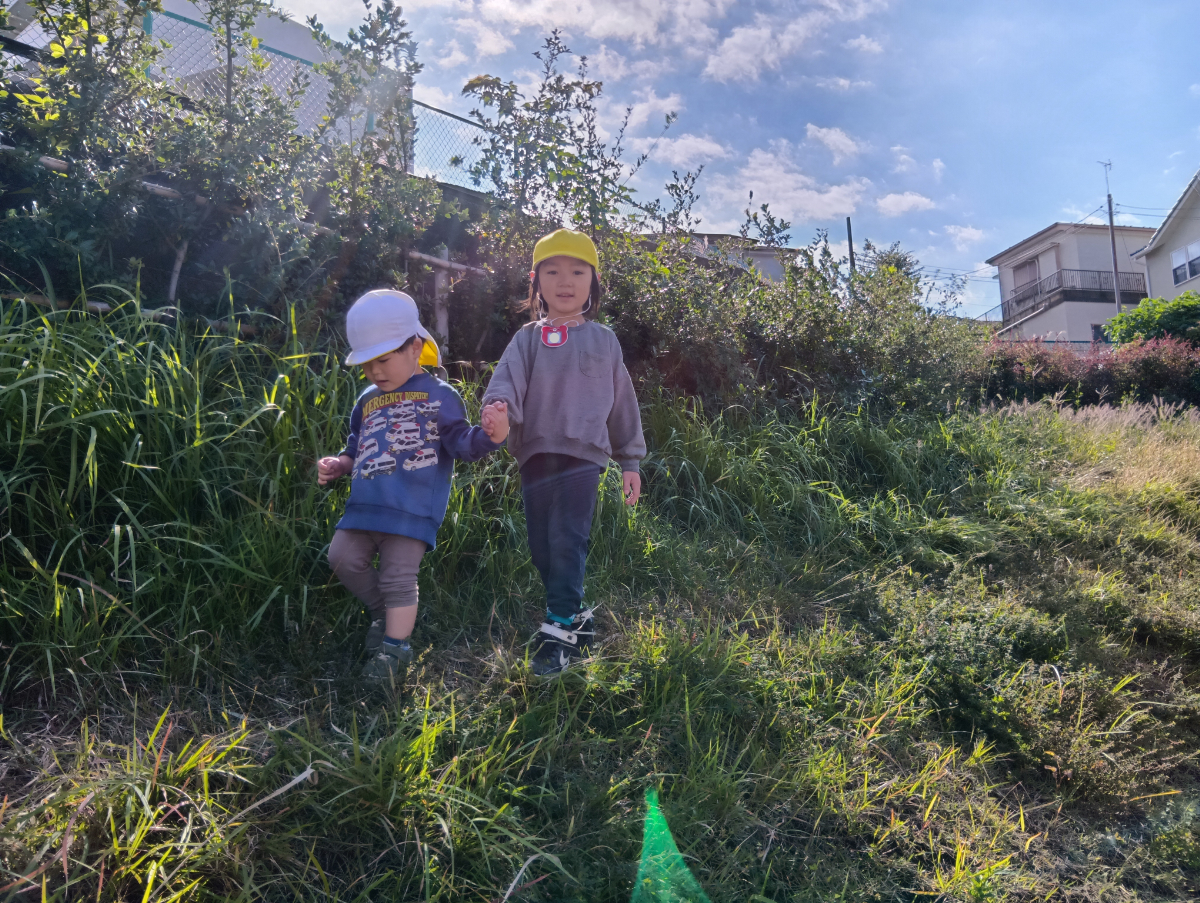 子ども同士で手をとって歩く様子