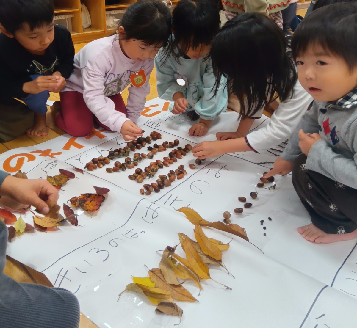 模造紙に拾った木の実や落ち葉を貼り付ける子どもたち