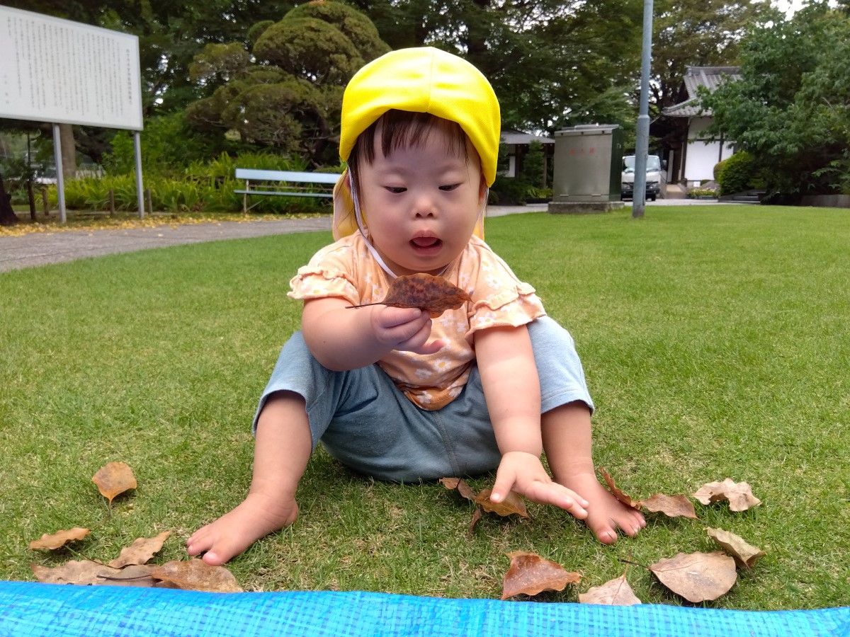 芝の上に座って落ち葉を手にする子ども