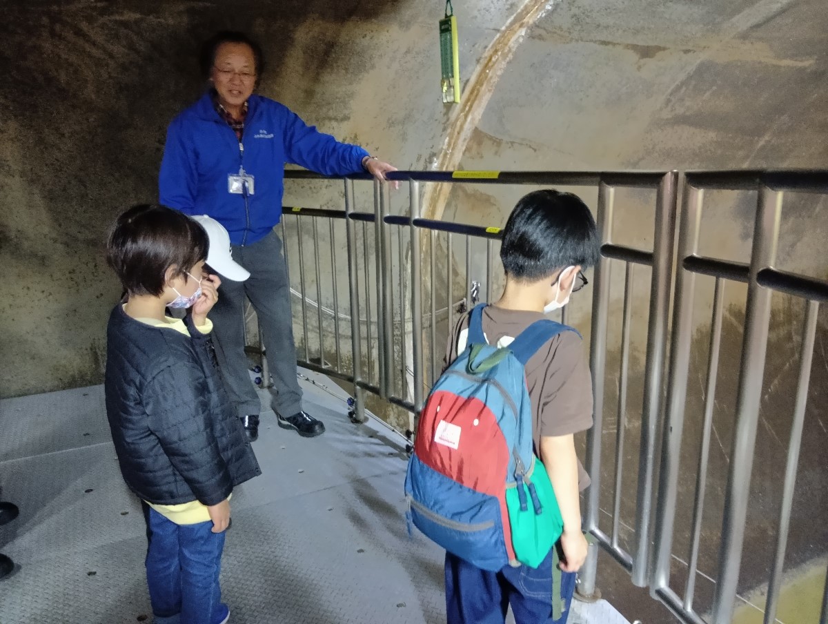 下水道管の中を見学する子どもたち