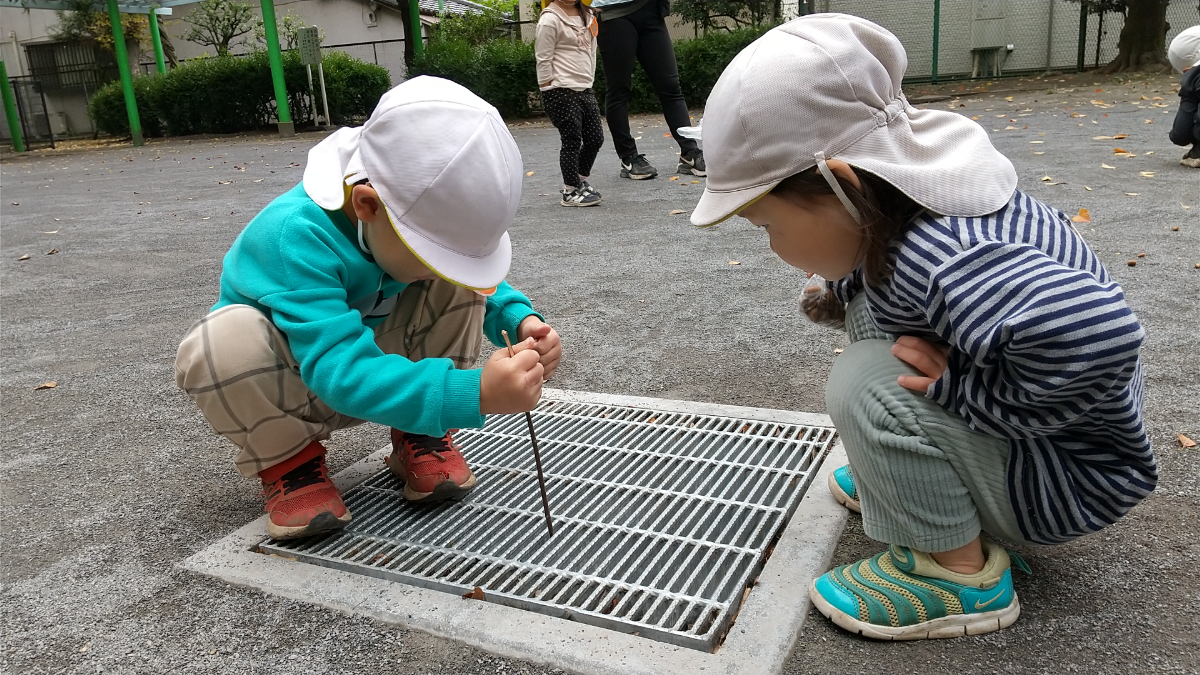 柵の中の落ち葉を釣り上げようとする