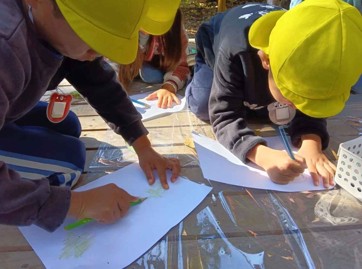 葉っぱを重ねた画用紙を、色鉛筆で擦る子どもたち