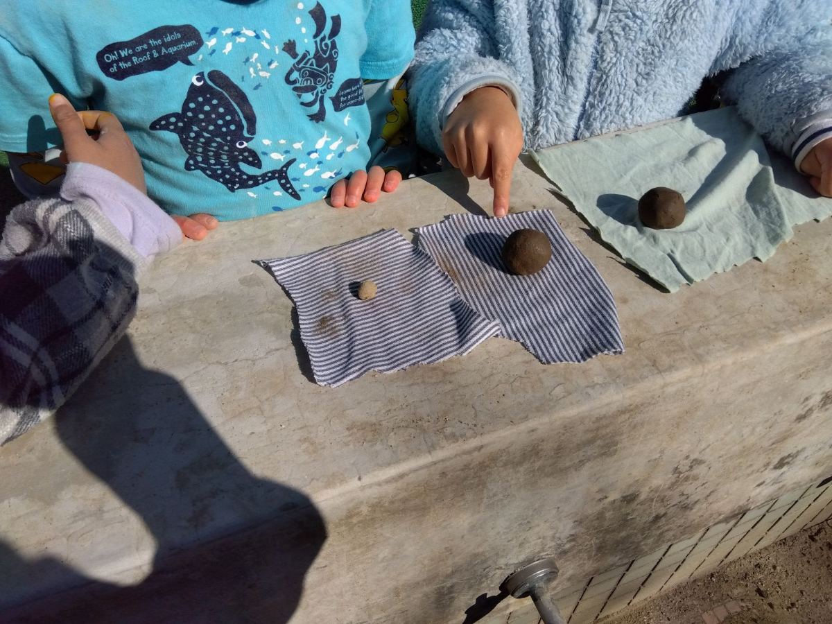 布の上に泥団子が置かれている