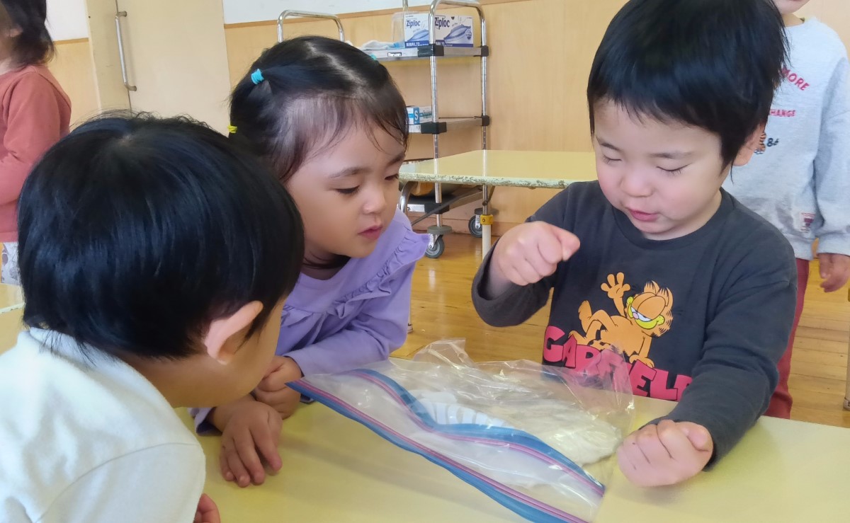 ポリ袋に入ったうどん生地をたたく子どもたち