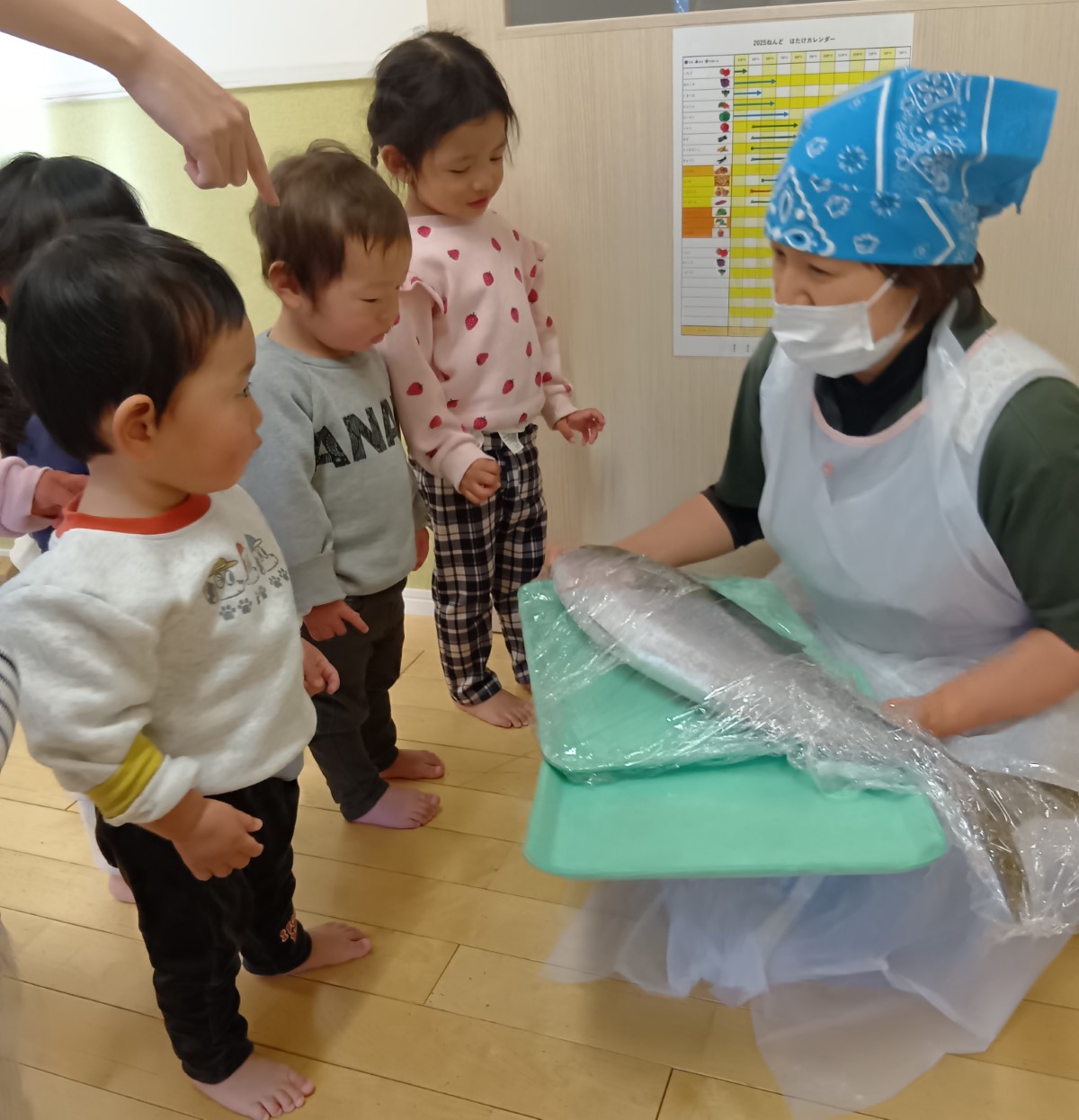 大きなさわらを目の前にする子どもたち