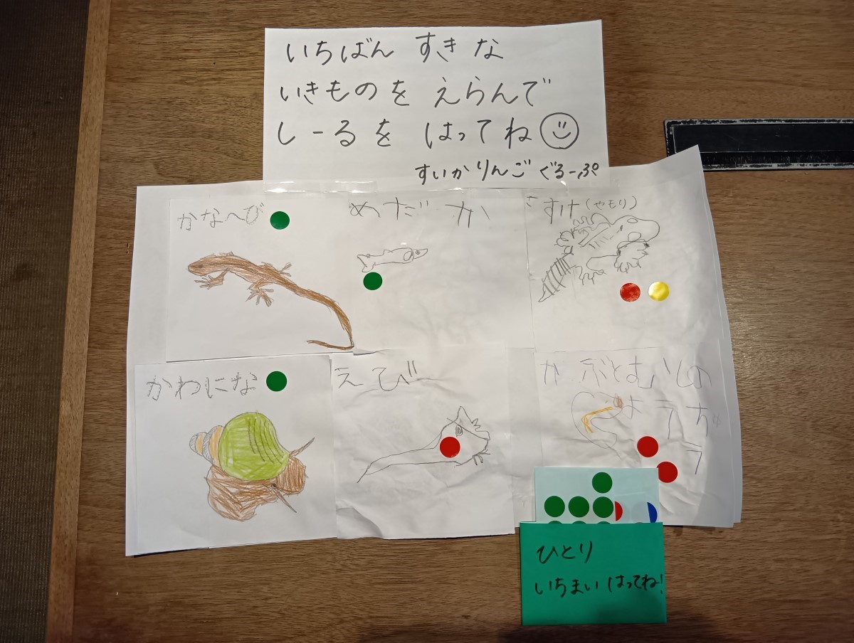生き物の絵が描いてあり、シールを貼って好きな生き物に投票できるようになっている