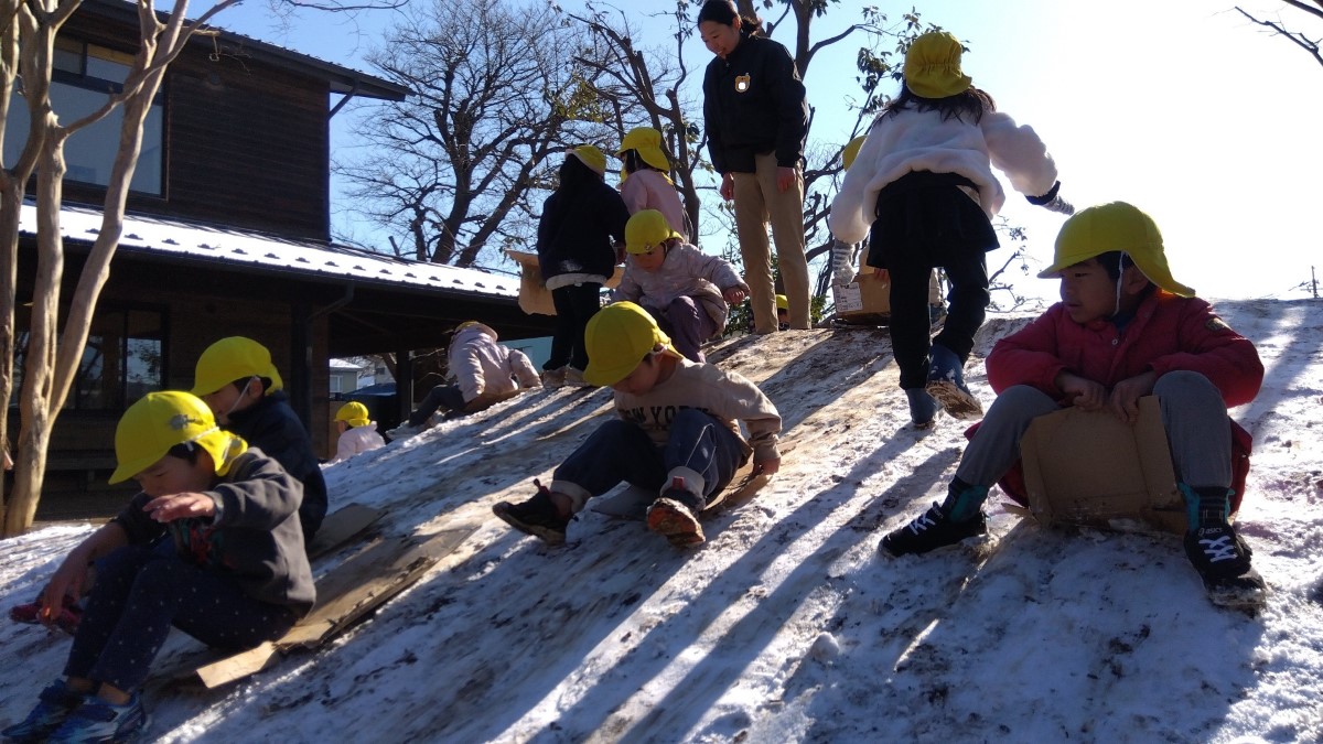雪が積もった築山で段ボール滑りを楽しむ子どもたち