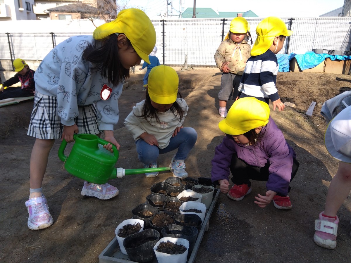 ジョウロで水やりをする子どもたち