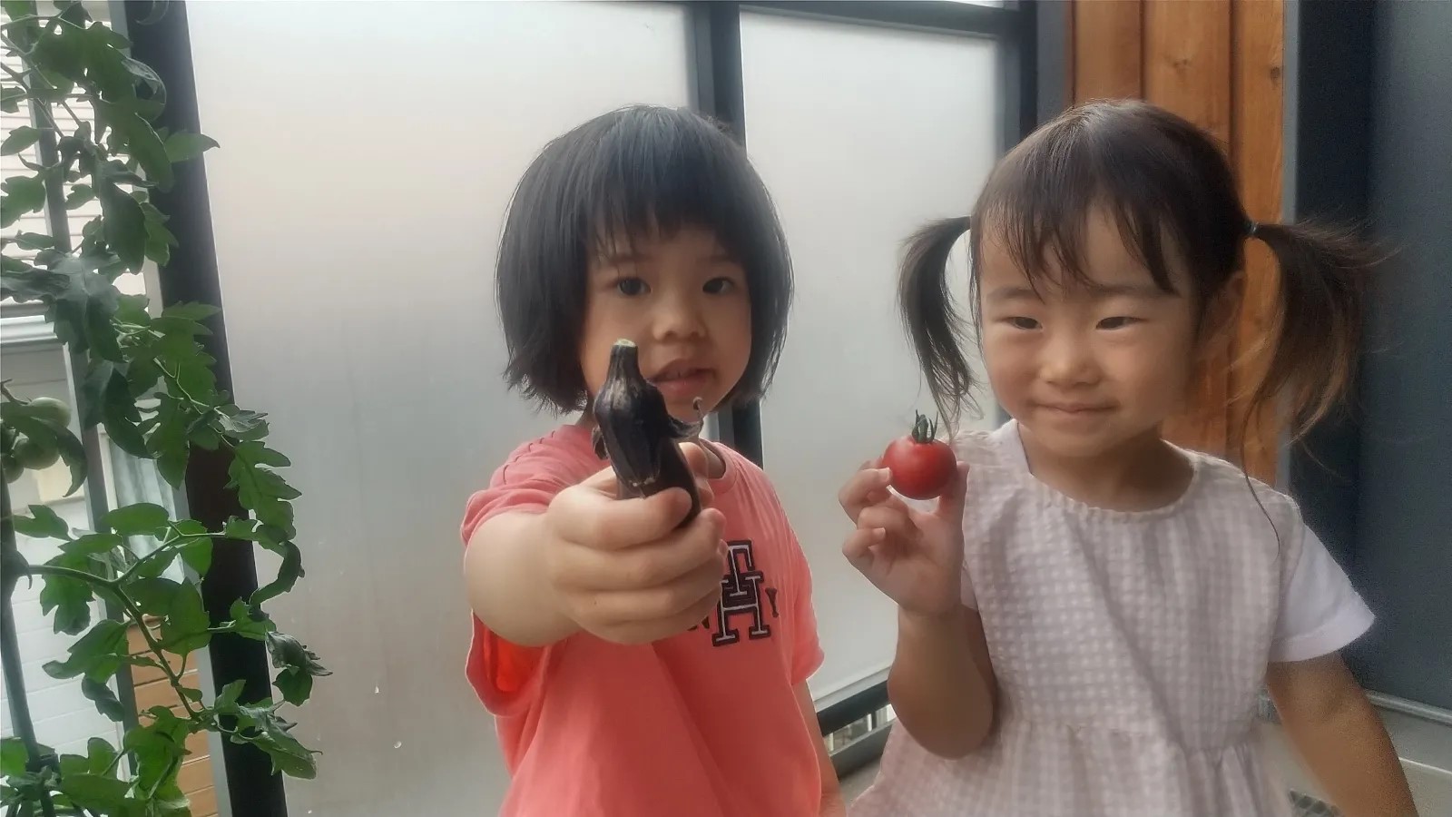 収穫した野菜を見せる子どもたち