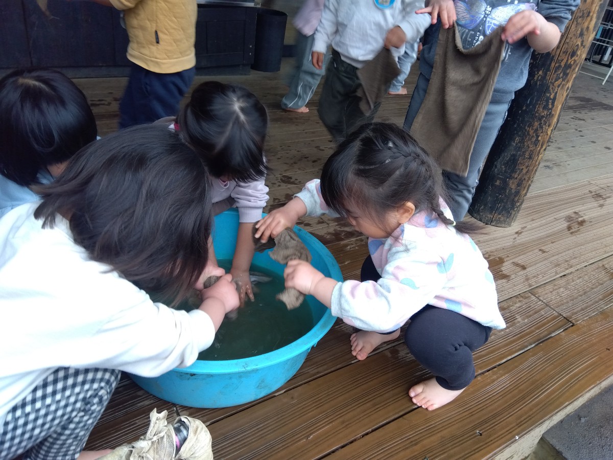 子どもたちが大きなたらいで雑巾を洗い、絞ろうとしている