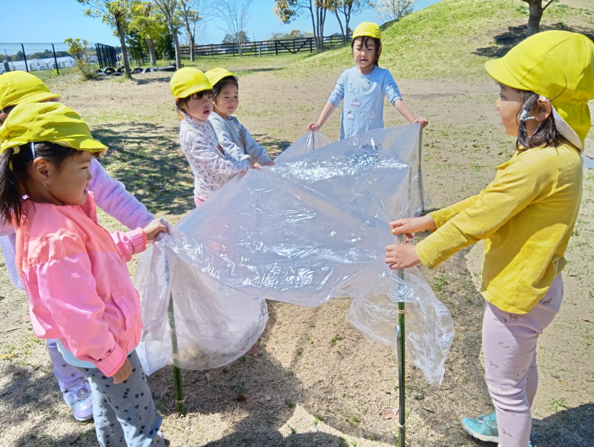 子ども達が大きなビニールを持ち、広げてビニールハウスを作っている